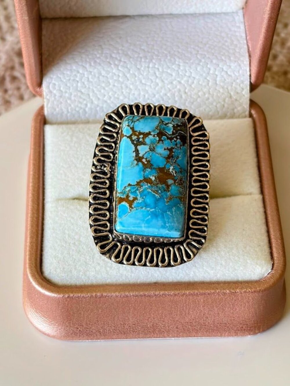 Tibetan Turquoise Rectangle Stone Statement Ring 925 Silver Plated - Size 7.5
